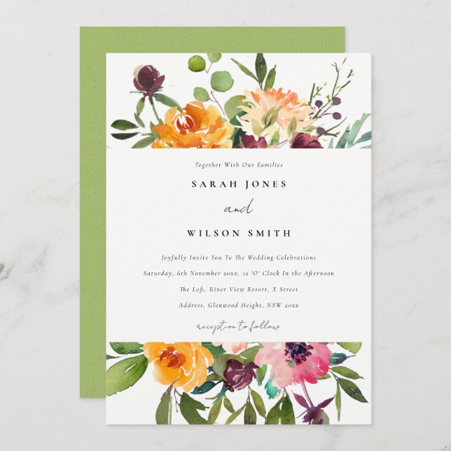 INVITATION MARIAGE FLORAL BLANC CLAIR JAUNE ORANGE (Devant / Derrière)