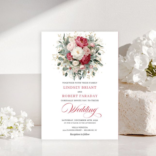 Invitation Mariage Floral Blanc Doré Boho Intemporel (Timeless Boho Blush White Gold Floral Wedding Invitation)