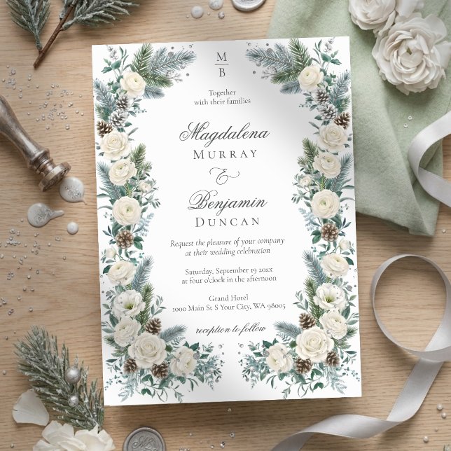 Invitation Mariage Floral Blanc Élégant de la Verdure d'Hiver (Créateur téléchargé)