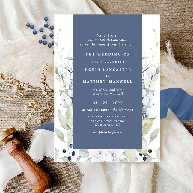 Invitation Mariage floral blanc et bleu chic, Navy (Créateur téléchargé)