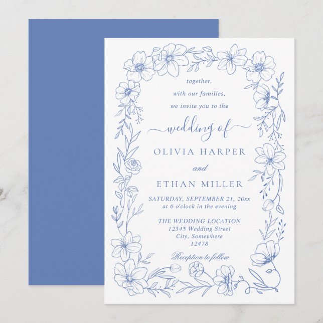 Invitation Mariage Floral Blanc et Bleu Élégant (Devant / Derrière)