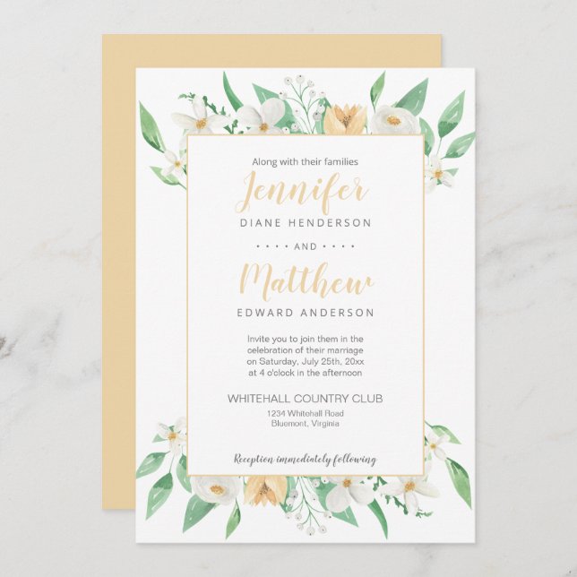 Invitation Mariage floral blanc et jaune encadré (Devant / Derrière)