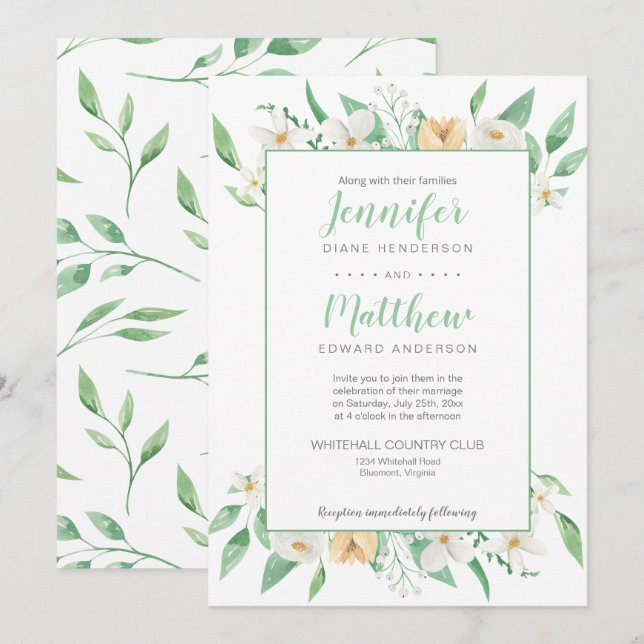 Invitation Mariage floral blanc et jaune encadré (Devant / Derrière)