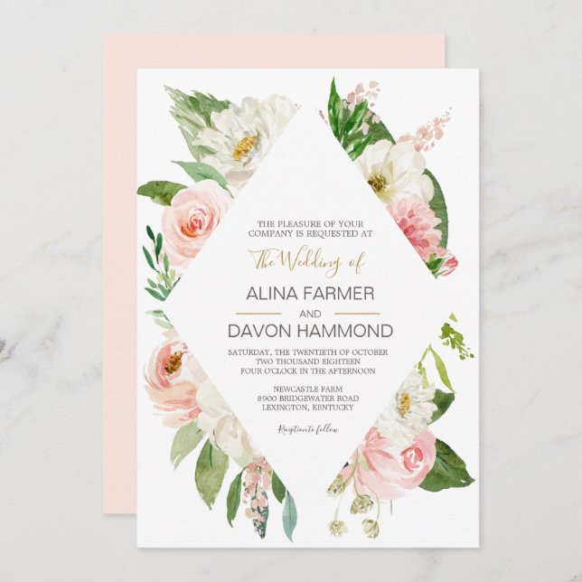 Invitation Mariage floral blanc et rose pâle Rose (Devant / Derrière)