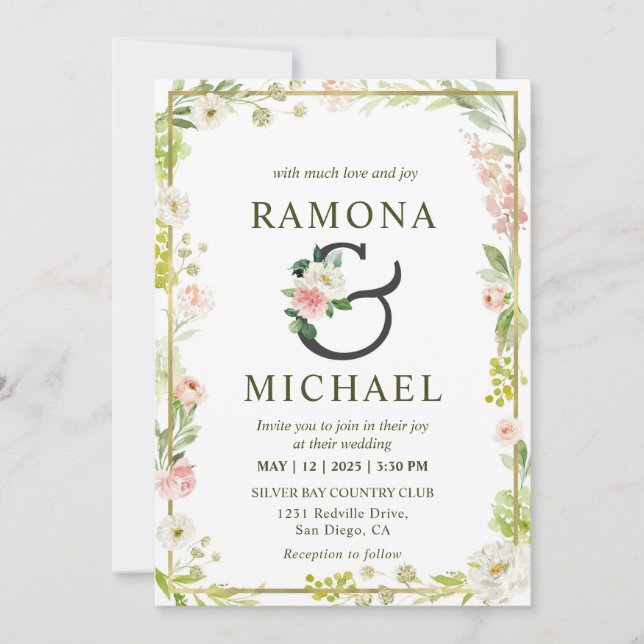 Invitation Mariage Floral Blanc Et Rose Vert Personnalisé (Devant)