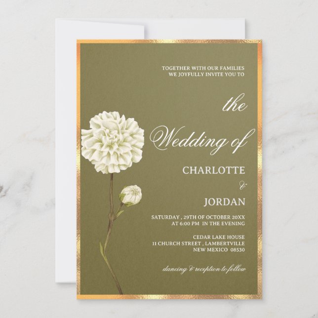 Invitation Mariage Floral Blanc et Vert Olive Rustique (Devant)