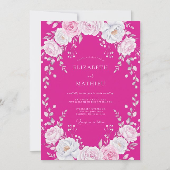 Invitation Mariage Floral Blanc Fuchsia (Devant)