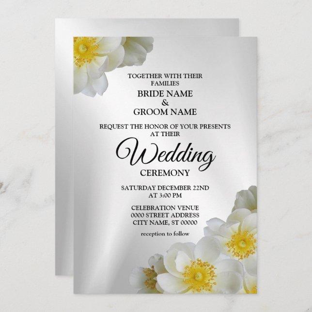 Invitation Mariage Floral Blanc Jaune Argent Élégant Rustique (Devant / Derrière)