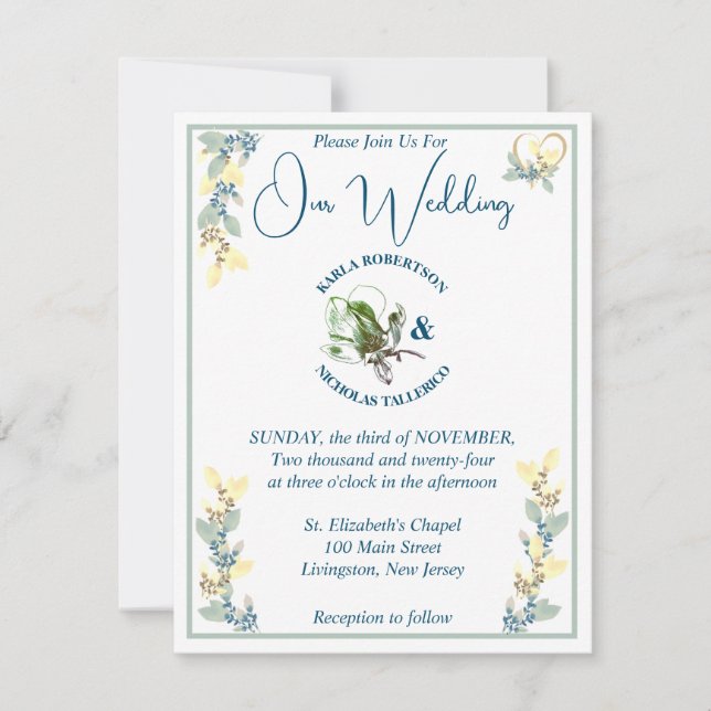 Invitation Mariage floral blanc, jaune et gris (Devant)