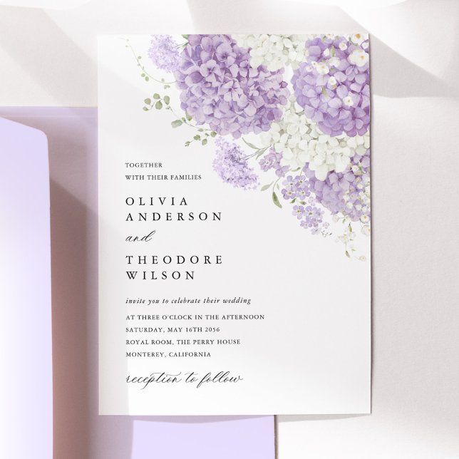 Invitation Mariage floral blanc lilas lavande (Lavender white hydrangea floral wedding invitation, elegant, romantic lilac purple stationery)
