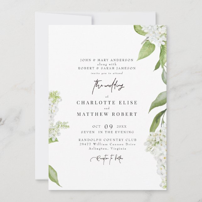 Invitation Mariage Floral Blanc Moderne Exquis (Devant)