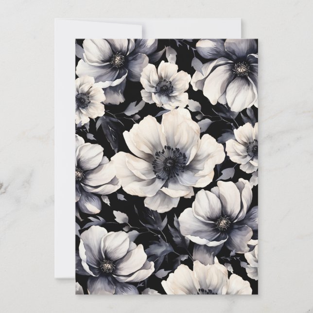 Invitation Mariage Floral Blanc Noir Élégant Moderne (Devant)