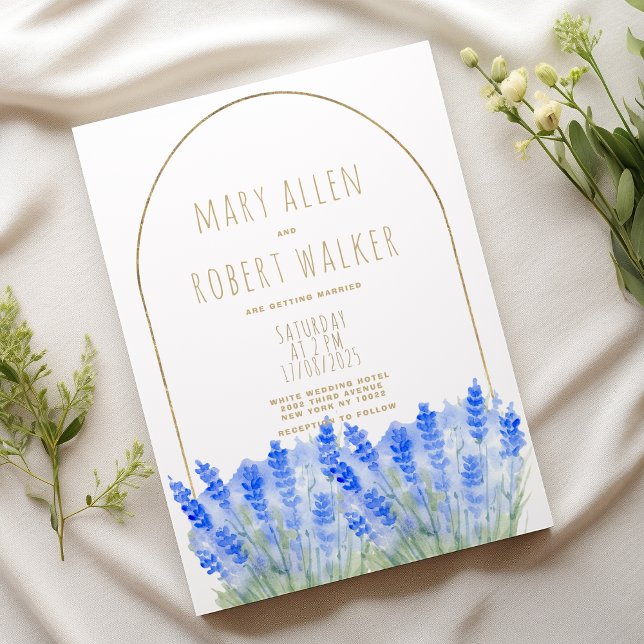 Invitation Mariage floral blanc or rustique bleu lavande (Rustic white gold lavender blue floral wedding)