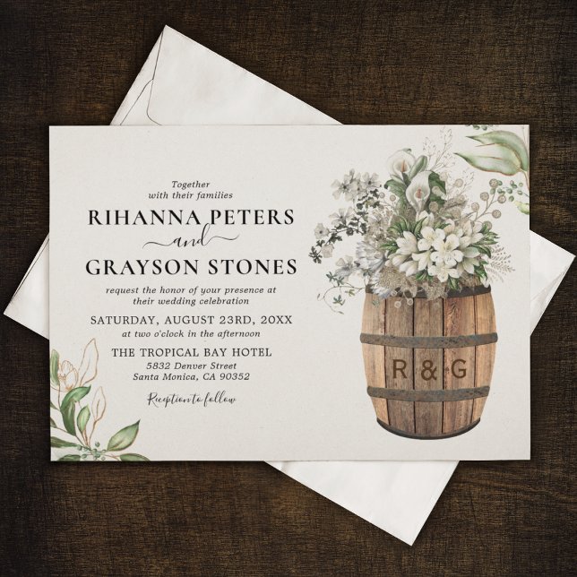 Invitation Mariage Floral Blanc Or Rustique de Barrel (Créateur téléchargé)