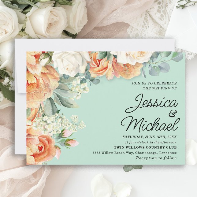 Invitation Mariage Floral Blanc Pêche Menthe  (Peach and white roses on mint green wedding invitation)