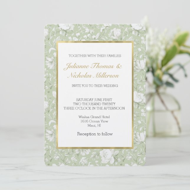 Invitation Mariage Floral Blanc Romantique Assez Vert (Debout devant)
