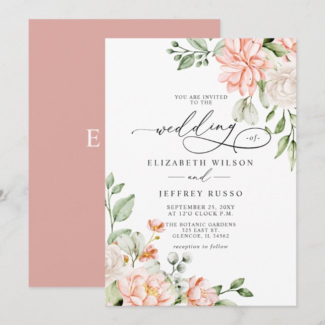 Invitation Mariage Floral Blanc Rose Élégant Moderne (Devant / Derrière)