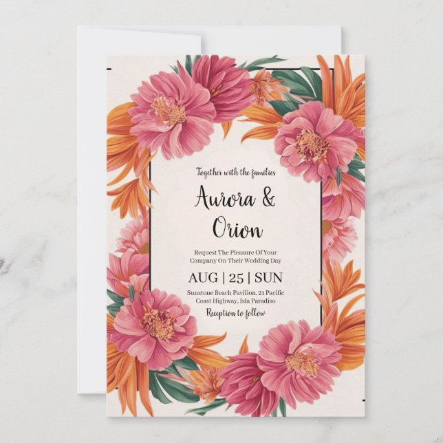 Invitation mariage floral blanc rose et orange (Devant)
