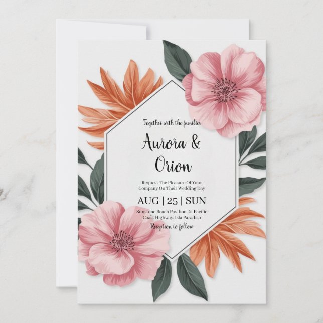 Invitation mariage floral blanc rose et orange (Devant)