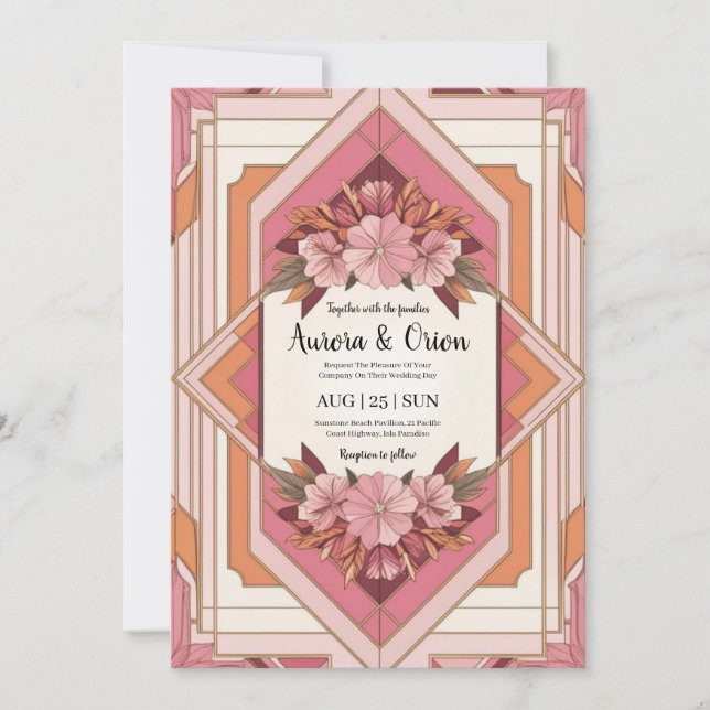 Invitation mariage floral blanc rose et orange (Devant)