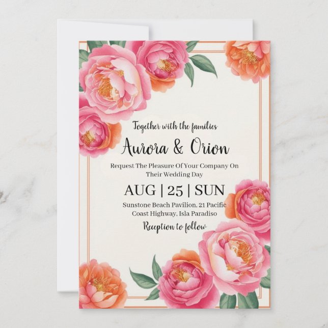 Invitation mariage floral blanc rose et orange (Devant)
