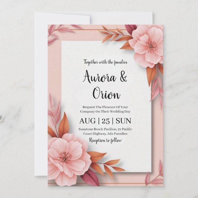 Invitation mariage floral blanc rose et orange (Devant)