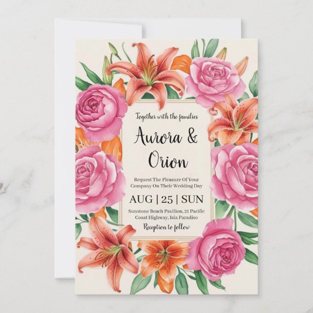Invitation mariage floral blanc rose et orange (Devant)