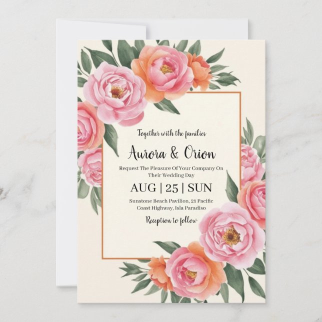 Invitation mariage floral blanc rose et orange (Devant)