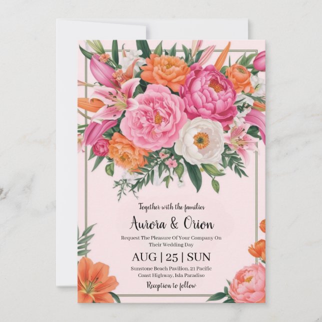 Invitation mariage floral blanc rose et orange (Devant)