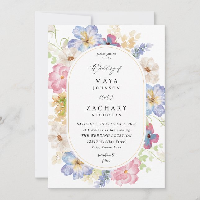 Invitation Mariage Floral Blanc Rose et Violet (Devant)