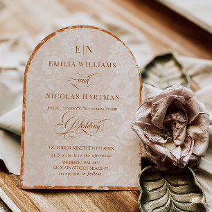 Invitation Mariage floral blanc terre cuite Monogramme