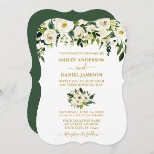 Invitation Mariage floral blanc vert or moderne