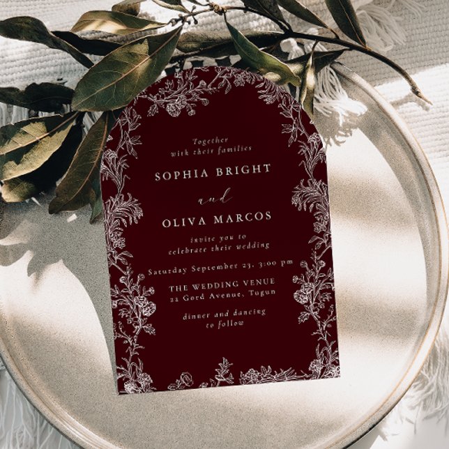 Invitation Mariage Floral Blanc Vintage Bourgogne Profond (Créateur téléchargé)