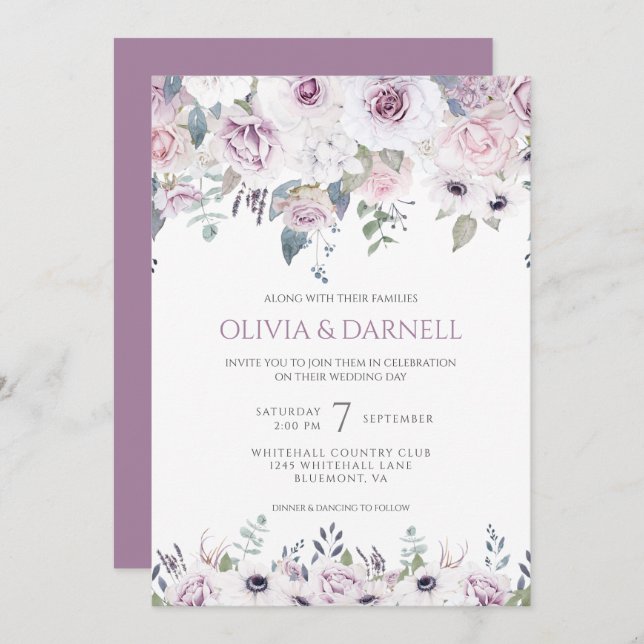 Invitation Mariage floral blanc violet doux rose lavande I (Devant / Derrière)