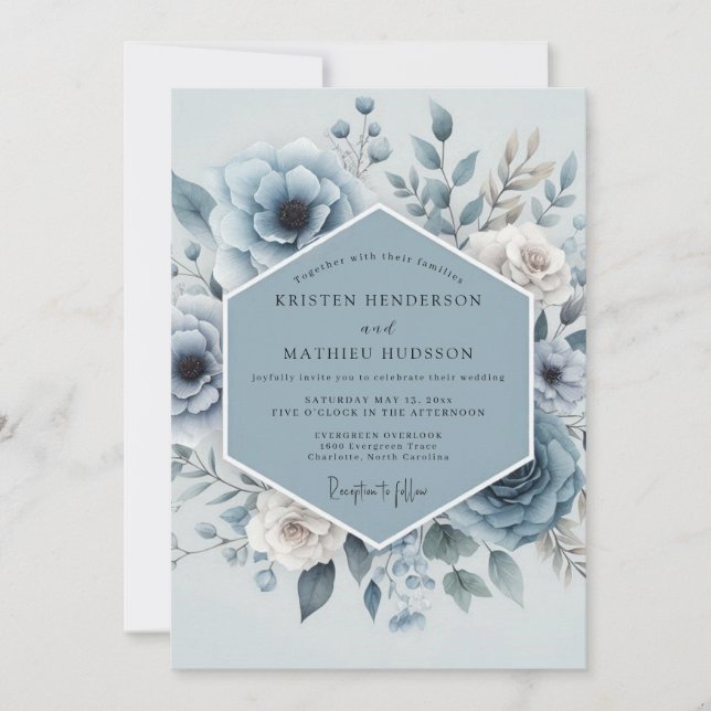 Invitation Mariage Floral Bleu (Devant)