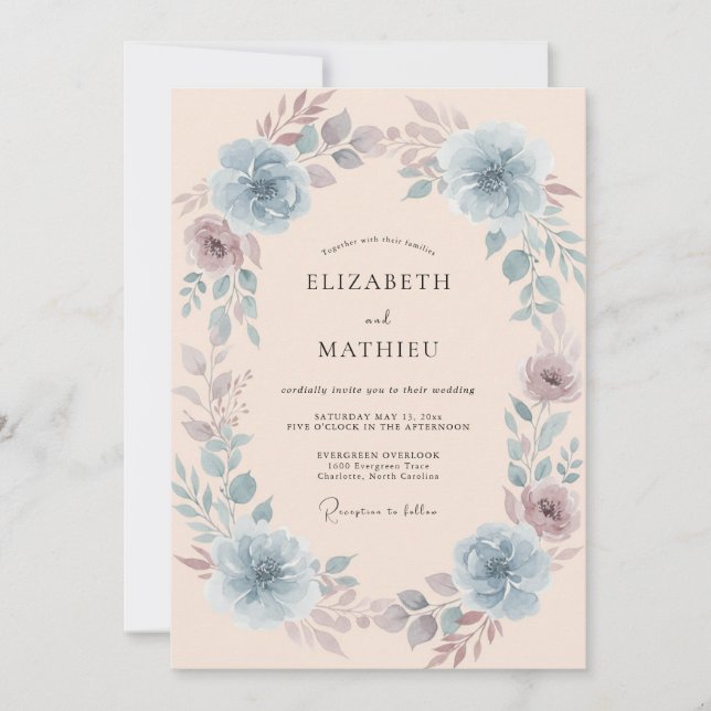 Invitation Mariage Floral Bleu (Devant)