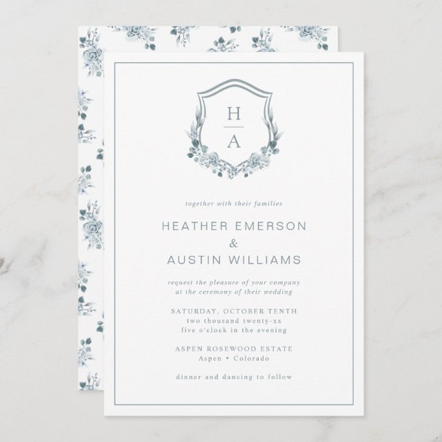 Invitation Mariage Floral bleu (Devant / Derrière)