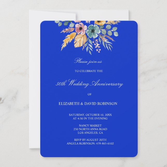 Invitation Mariage floral bleu 50e anniversaire (Devant)