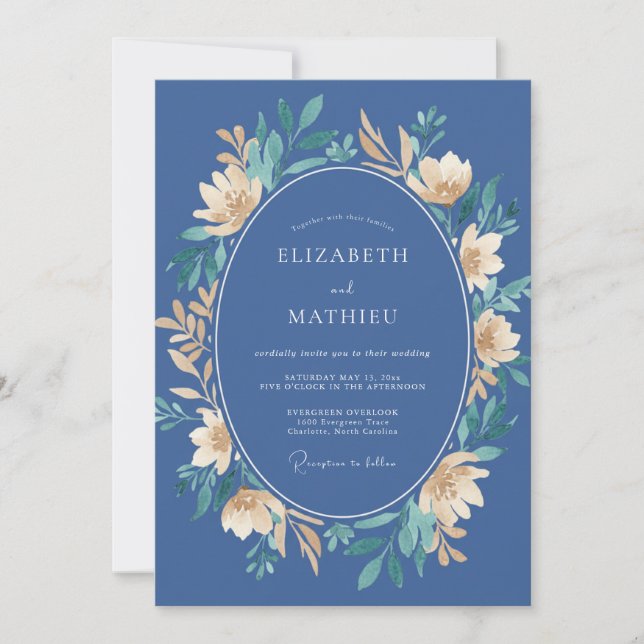 Invitation Mariage Floral Bleu Acier et Or Pâle (Devant)