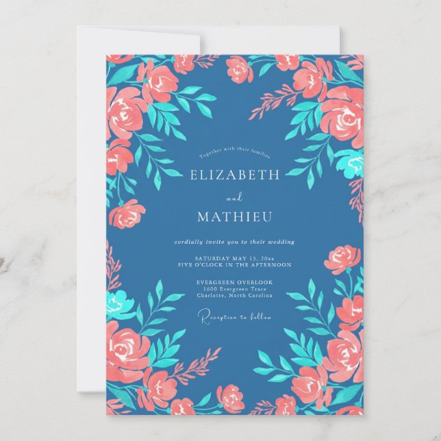 Invitation Mariage Floral Bleu Acier et Pêche (Devant)