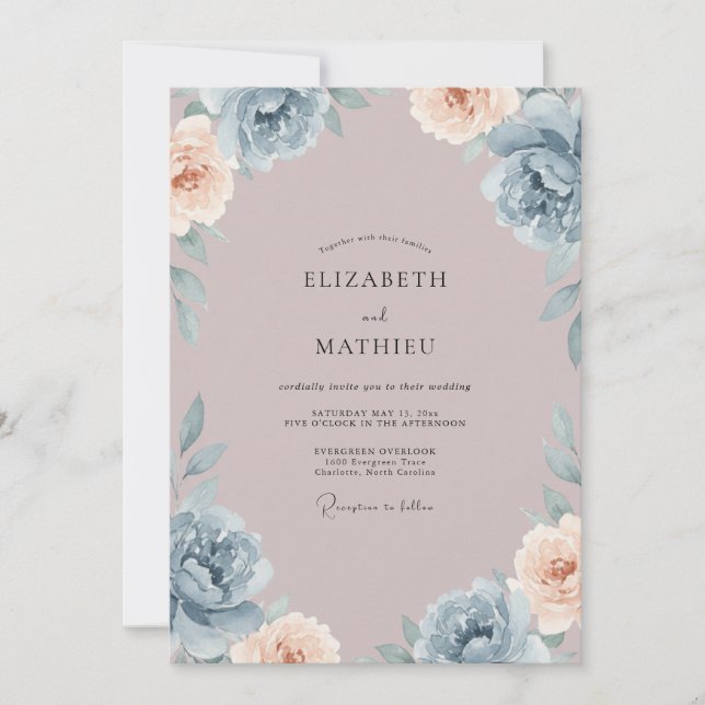 Invitation Mariage Floral Bleu Acier Mauve (Devant)