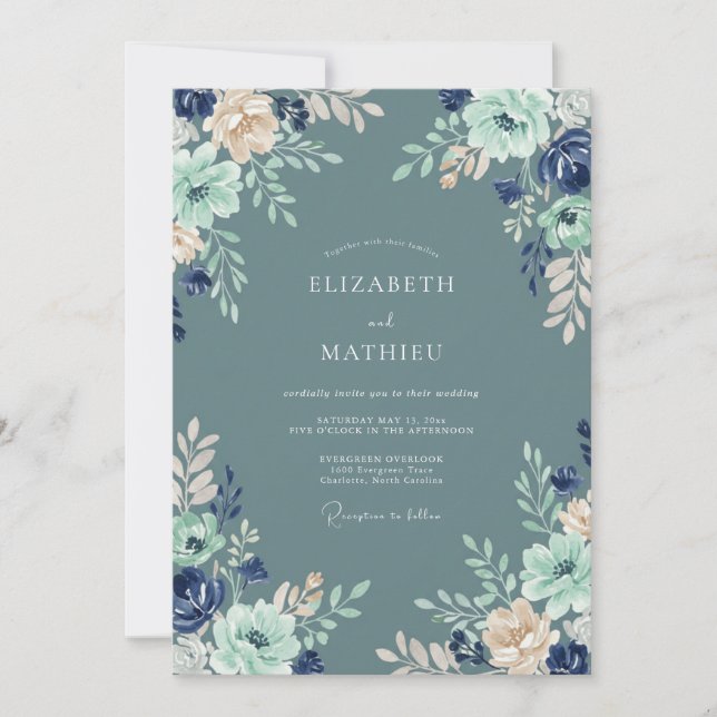 Invitation Mariage Floral Bleu Acier Menthe (Devant)