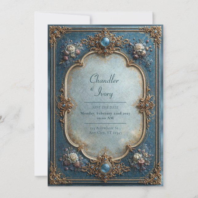 Invitation Mariage Floral Bleu Antique (Devant)