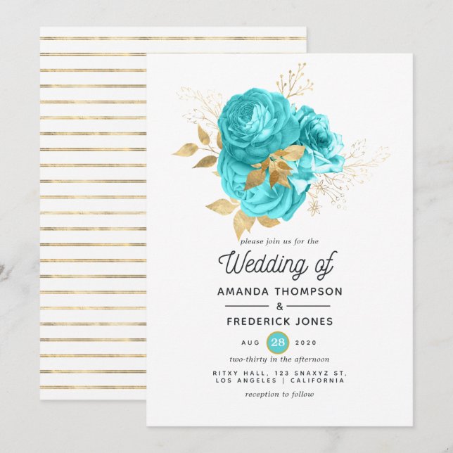 Invitation Mariage floral bleu aqua et or (Devant / Derrière)