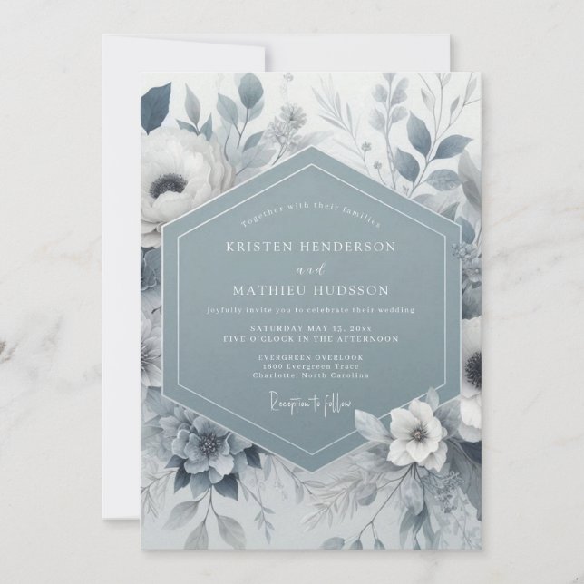 Invitation Mariage Floral Bleu Ardoise (Devant)