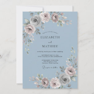 Invitation Mariage Floral Bleu Ardoise