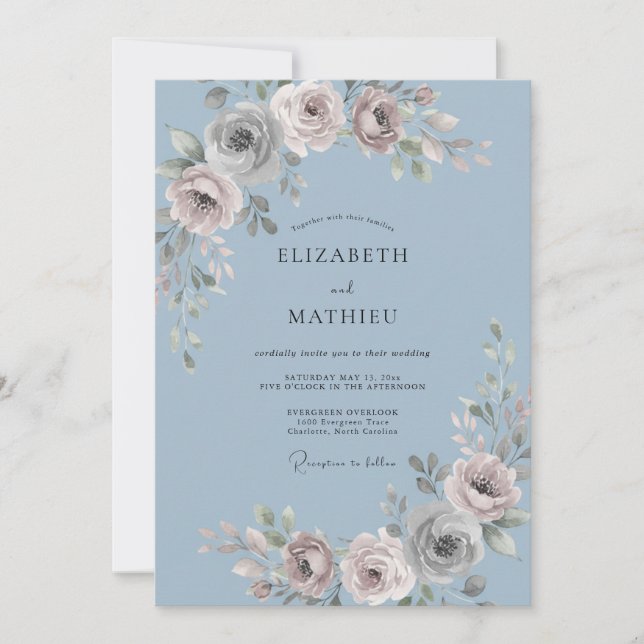 Invitation Mariage Floral Bleu Ardoise (Devant)