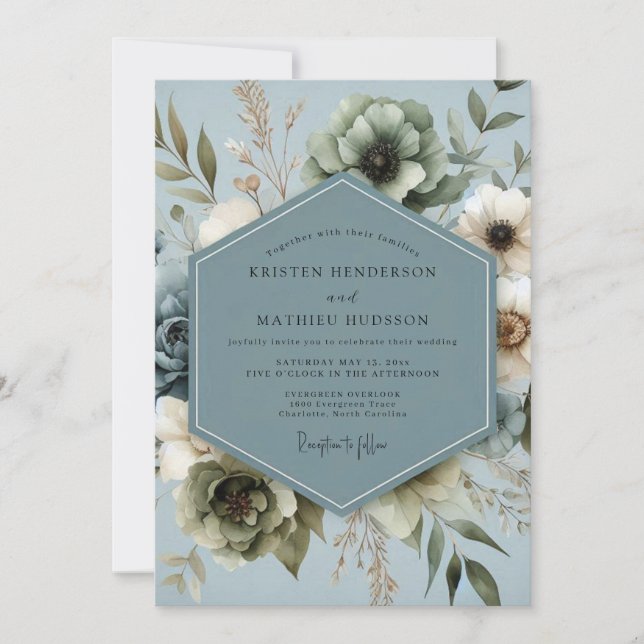 Invitation Mariage Floral Bleu Ardoise Assourdi (Devant)