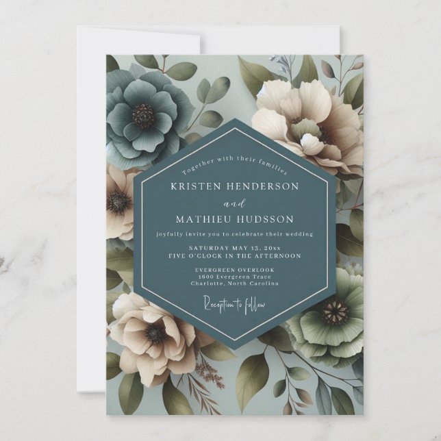Invitation Mariage Floral Bleu Ardoise Assourdi (Devant)