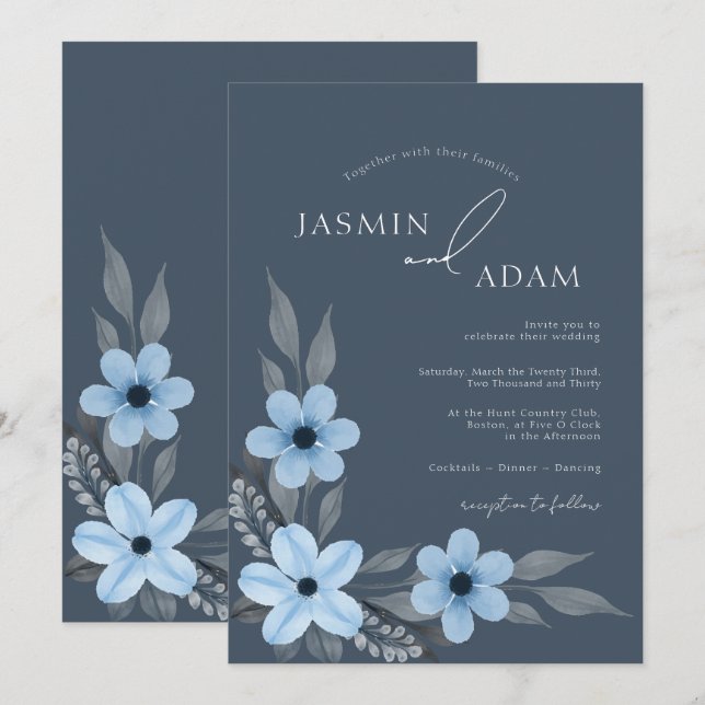Invitation Mariage Floral Bleu Ardoise Élégant (Devant / Derrière)